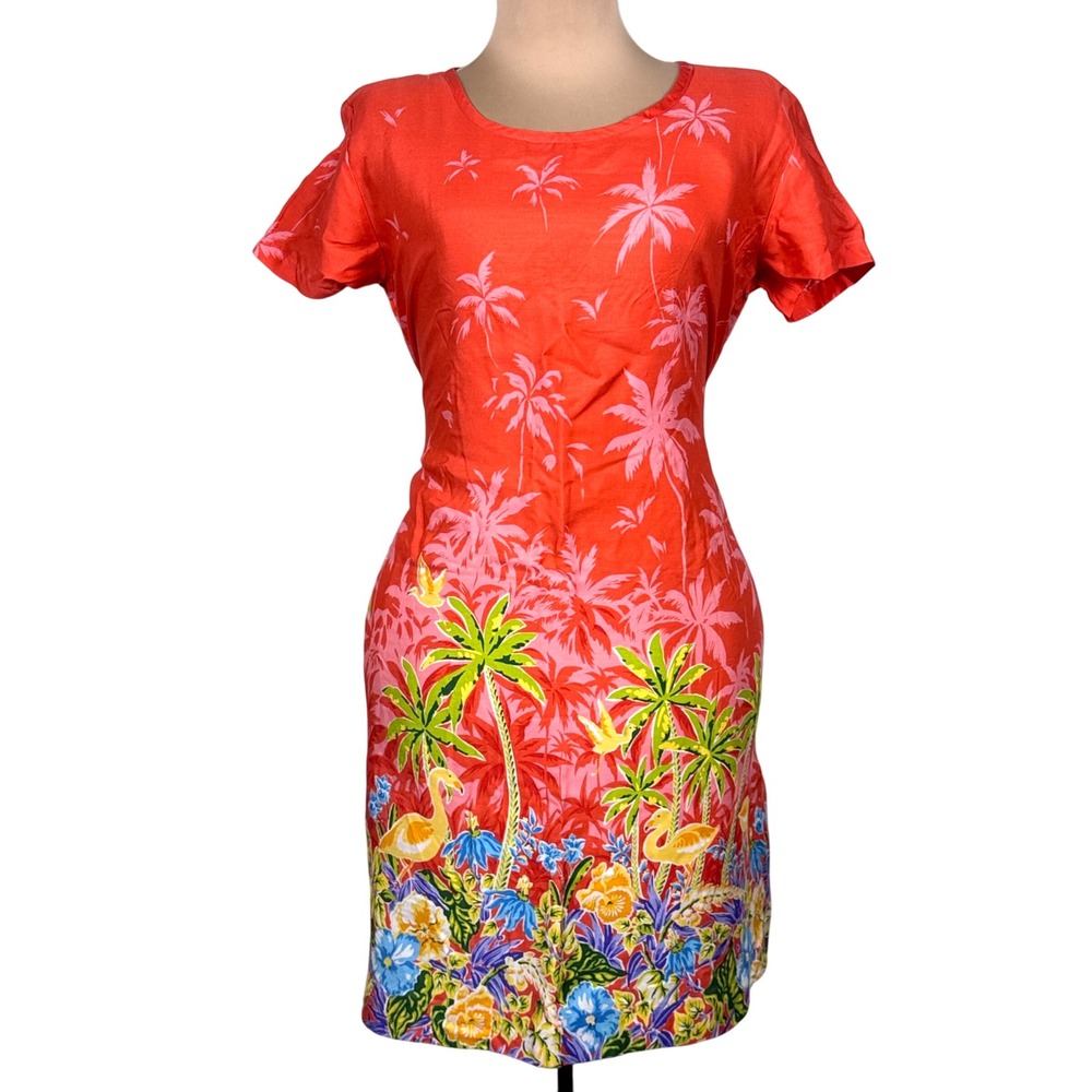 Vtg Dock of the Bay Tropical Flamingo Palm Tree Dress Small Hawaiian Resort Wear